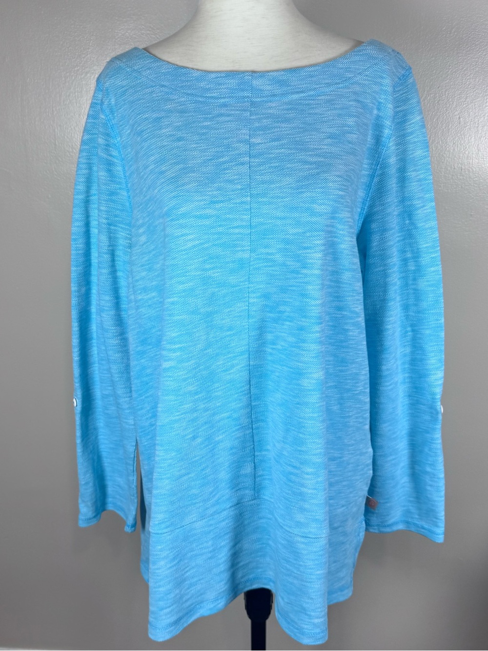 NWT Talbots Sz 1X Aqua Blue Roll Tab Sleeve Lightweight Coastal Popover Knit Top